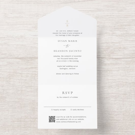 Clean Monogram Modern Wedding All In One Uitnodiging (Binnenkant)