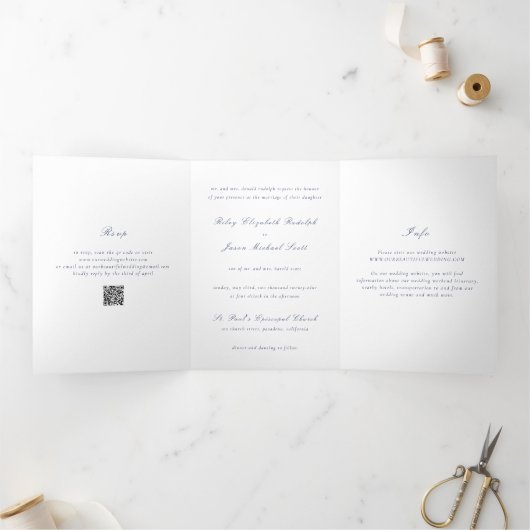 Clean Navy Blue QR Code Elegante bruiloft Drieluik Uitnodiging (Binnen)