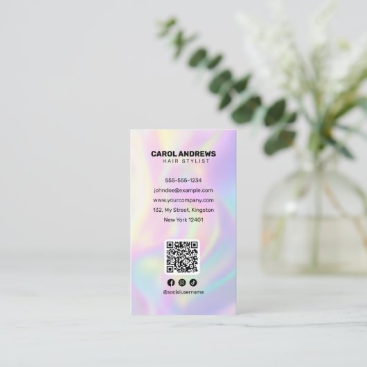 Clean Pastel Holographic Hair Salon QR-code Visitekaartje (Staand voorkant)