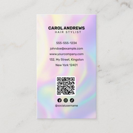 Clean Pastel Holographic Hair Salon QR-code Visitekaartje (Voorkant)