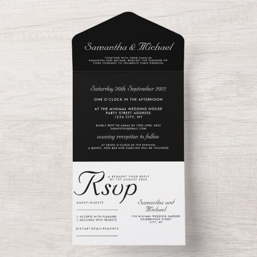 Clean simple black white wedding all in one uitnodiging (Binnen)