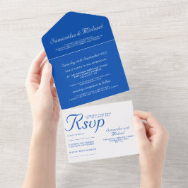 Clean simple Cobalt Blue white wedding All In One Uitnodiging