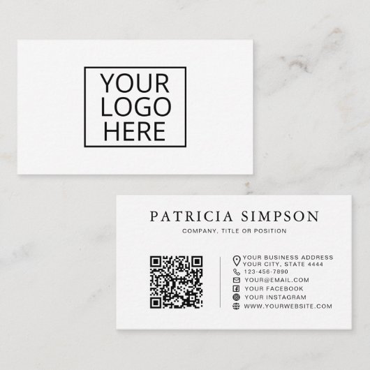 Clean White Black Logo QR Code Corporate Minimal Visitekaartje (Voorkant / Achterkant)