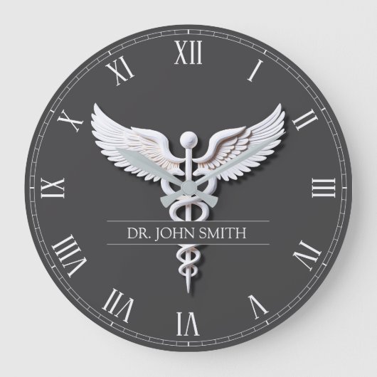 Clean White Gedetailleerde Medische Caduceus Antra Grote Klok (Voorkant)