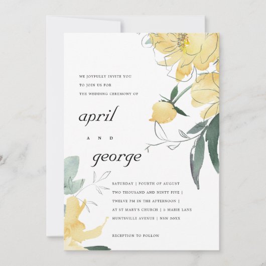 CLEAN YELLOW WATERVERF FLORAL WEDDING INVITE BEDANKKAART (Voorkant)