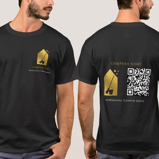 Cleaning Cleaner Service Gold Logo QR Code Black T-shirt