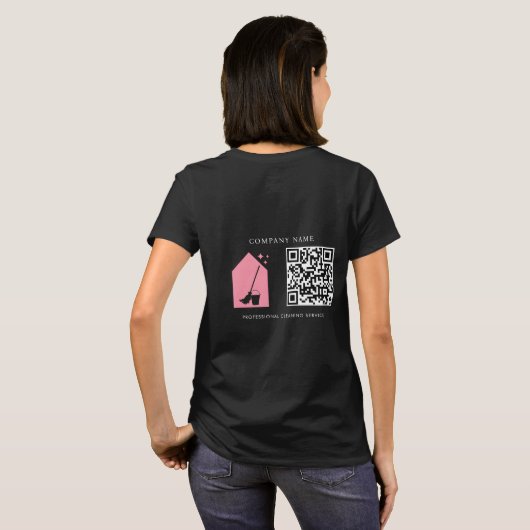 Cleaning Cleaner Service Pink Logo QR Code Black T-shirt (Achterkant volledig)