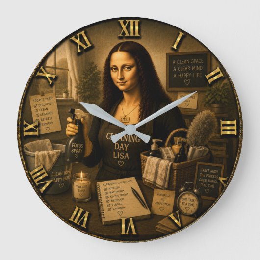 Cleaning Day Funny Mona Lisa Laundry Room Grote Klok (Voorkant)