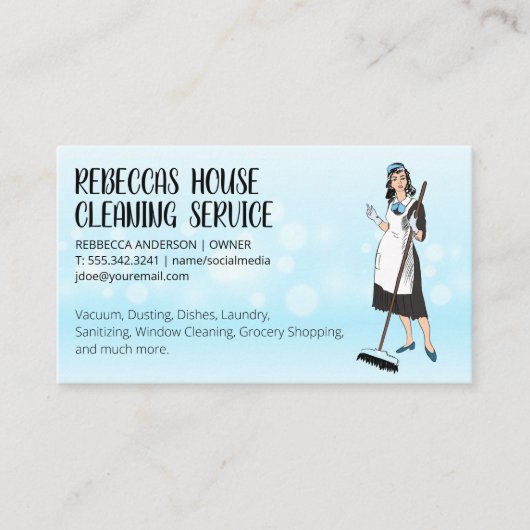 Cleaning Lady Holding Broom | Achtergrond Visitekaartje (Voorkant)