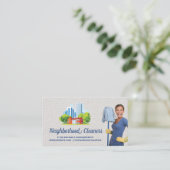 Cleaning | Maid Holding Mop | City Buildings Visitekaartje (Staand voorkant)