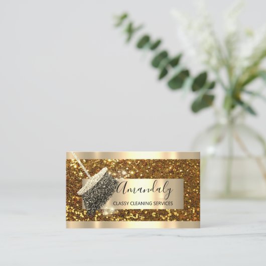Cleaning Service Maid House Keeping Gold Glitter Visitekaartje (Staand voorkant)