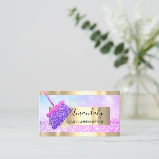 Cleaning Service Maid House Keeping Gold Glitter Visitekaartje (Staand voorkant)