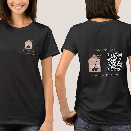 Cleaning Service Rose Gold Logo QR Code Black T-shirt