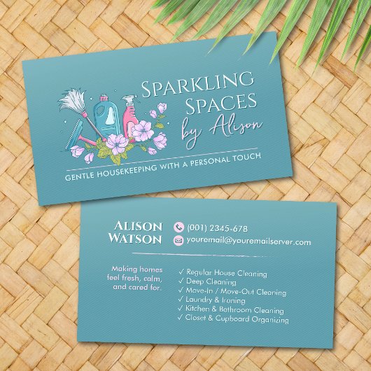 Cleaning Services - Elegant Floral Teal and Pink Visitekaartje
