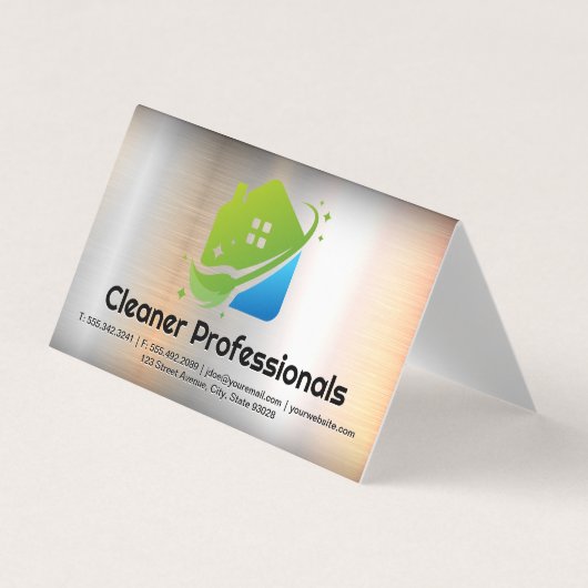 Cleaning Services House Logo | Metal Background Visitekaartje (Voorkant)