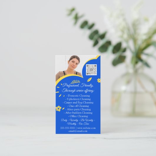 Cleaning Services House QRCode Photo Blue Visitekaartje (Staand voorkant)