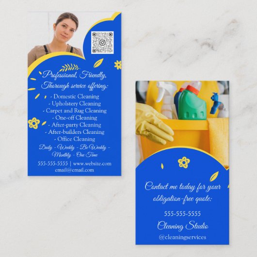 Cleaning Services House QRCode Photo Blue Visitekaartje (Voorkant / Achterkant)