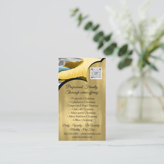 Cleaning Services House QRCode Photo Gold Visitekaartje (Staand voorkant)