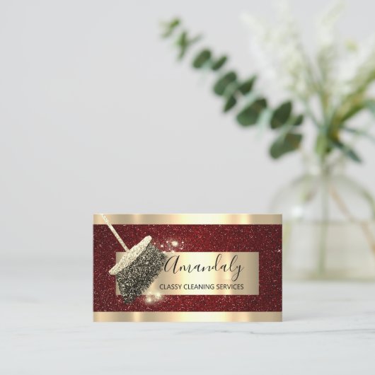Cleaning Services Maid House Keeping Gold Glitter Visitekaartje (Staand voorkant)