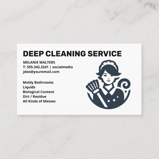 Cleaning Services | Maid with Broom Logo Visitekaartje (Voorkant)