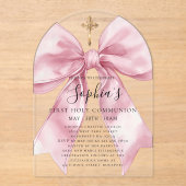 Clear Acrylic Girl's First Communion Pink Bow Arch Acryl Uitnodigingen (Voorkant)