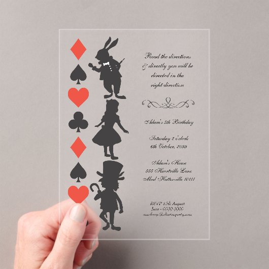 CLEAR Alice in Wonderland Cards Tea Party Birthday Acryl Uitnodigingen (Insitu (Draagbaar))