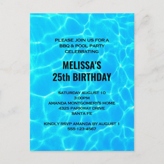 Clear Blue Pool Water Foto Verjaardag Uitnodiging (Voorkant)