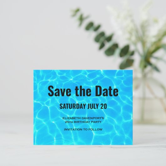 Clear Blue Pool Water Photo Save the Date Party Uitnodiging Briefkaart (Staand voorkant)