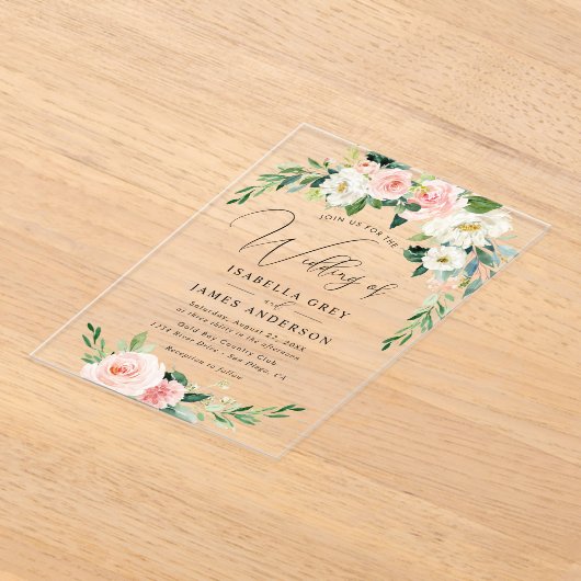 Clear Blush Roze Bloemen Huwelijk Acryl Uitnodigingen (Laagn)