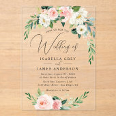 Clear Blush Roze Bloemen Huwelijk Acryl Uitnodigingen (Voorkant)