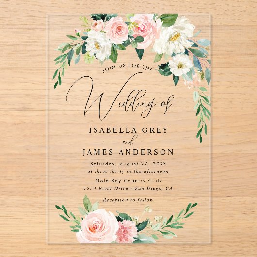 Clear Blush Roze Bloemen Huwelijk Acryl Uitnodigingen (Voorkant)