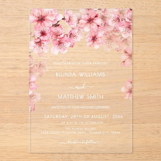 Clear Cherry Blossom Wedding Acryl Uitnodigingen (Voorkant)