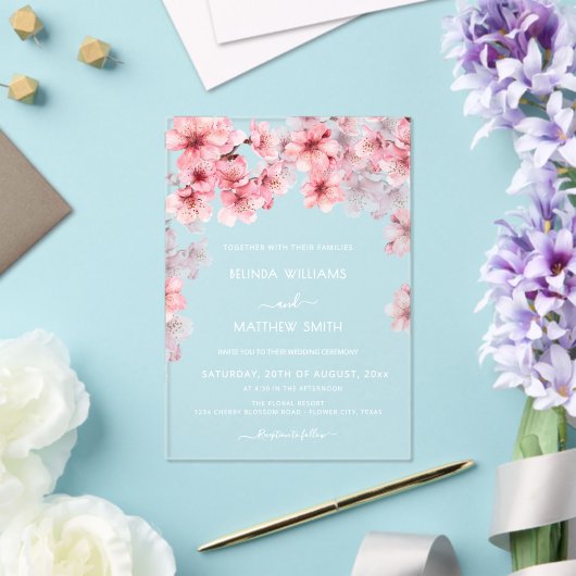 Clear Cherry Blossom Wedding Acryl Uitnodigingen (Insitu (Huwelijk))