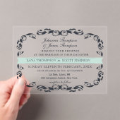 CLEAR Navy Elegant Victorian Filigree Wedding Acryl Uitnodigingen (Insitu (Draagbaar))