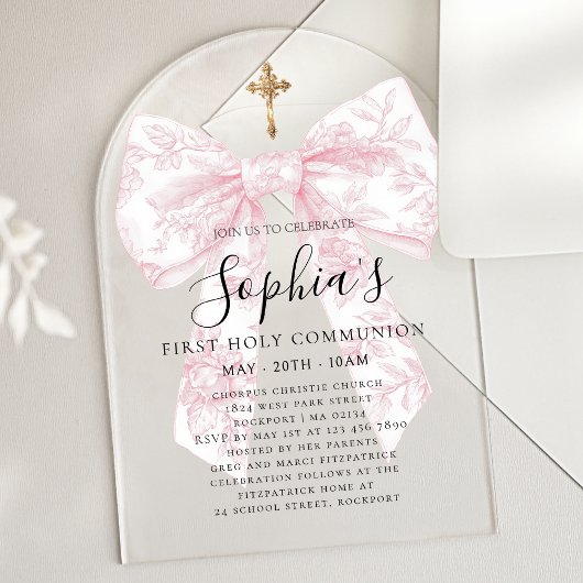 CLEAR Pink Toile Bow Girl First Communion Arch Acryl Uitnodigingen