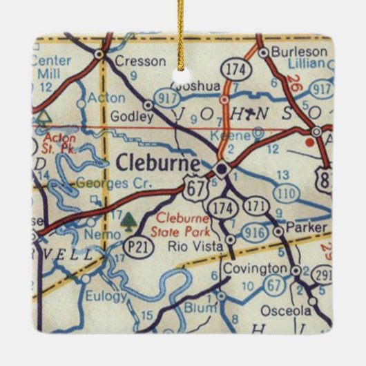 Cleburne Texas 50's Map Keramisch Ornament (Achterkant)