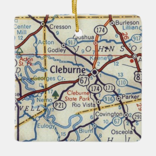 Cleburne Texas 50's Map Keramisch Ornament (Voorkant)