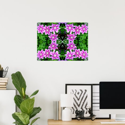 Clematis en Oregano, roze bloemen, groen botanisch Poster (Thuiskantoor)