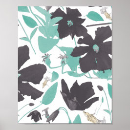 Clematis Floral Blauwgroen Brown Pattern Art Print