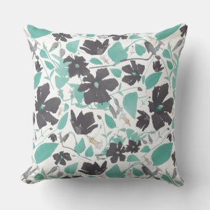 Clematis Floral Grey Blauwgroen Waterverf Kussen