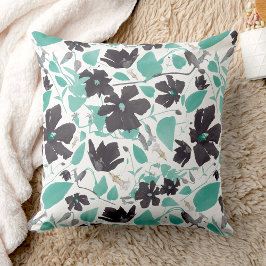 Clematis Floral Grey Blauwgroen Waterverf Kussen