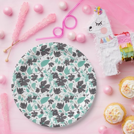 Clematis Floral Pattern Mint Chocolate Papieren Bordje (Feest)
