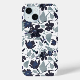 Clematis Navy Grey Bloemen Waterverf Patroon iPhone 15 Case