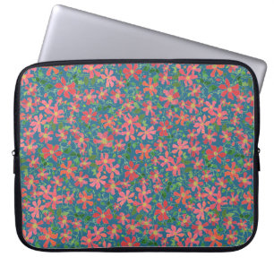 Clematis roze, rood, Oranje Floral op diepblauw Laptop Sleeve