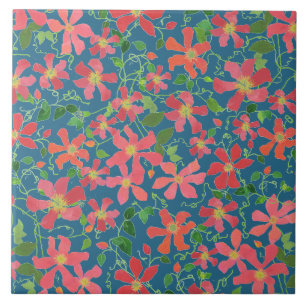 Clematis roze, rood, Oranje Floral op diepblauw Tegeltje