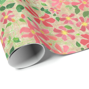 Clematis roze, rood, Oranje Floral Pattern op Taup Cadeaupapier
