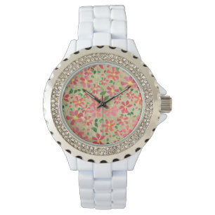 Clematis roze, rood, Oranje Floral Pattern op Taup Horloge