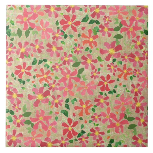 Clematis roze, rood, Oranje Floral Pattern op Taup Tegeltje (Voorkant)