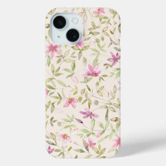Clematis tuin waterverf bloemenbeige roze iPhone 15 case