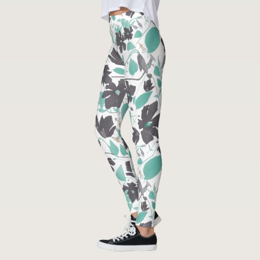 Clematis Vine Floral Grey Blauwgroen Waterverf Leggings (Links)